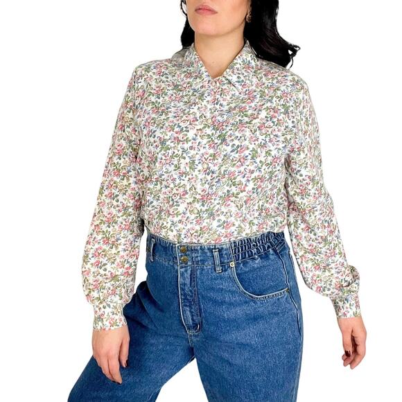 1980s Vintage Floral Blouse Long Sleeve Button Up Collared Top Cottage Medium - Picture 1 of 6